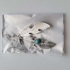 Turquoise silver feather earrings.